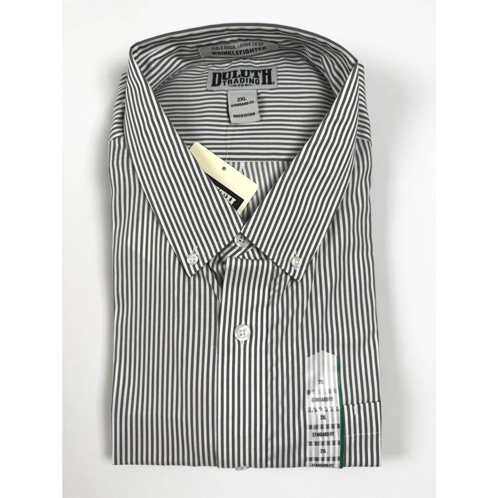 Duluth‎ Trading Co Wrinklefighter Standard Fit Shirt Gray White Striped 2XL NWT